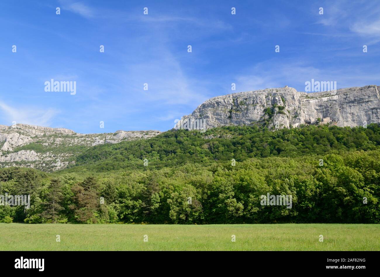 Vista panorámica del paisaje o Panorámica de la cadena de montañas de Sainte-Baume, Parc naturel régional, o Reserva Natural Bosque Beechwood Provence Francia Foto de stock