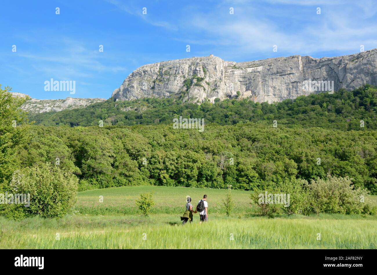 Dos excursionistas o turistas que caminan por la senda en la Cordillera de Sainte-Baume, Parc naturel régional, o Reserva Natural Bosque Beechwood Provence Francia Foto de stock