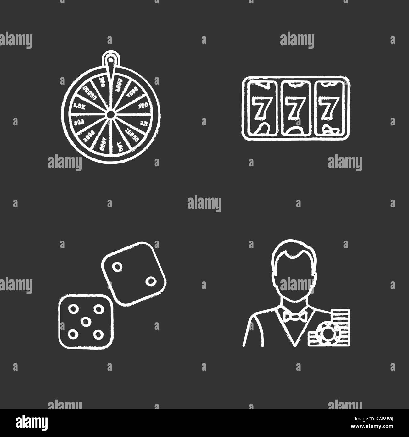 Conjunto de iconos de tiza de Casino. Ruleta, Lucky Seven, juego de dados,  el crupier. Pizarra ilustraciones vectoriales aislado Imagen Vector de  stock - Alamy