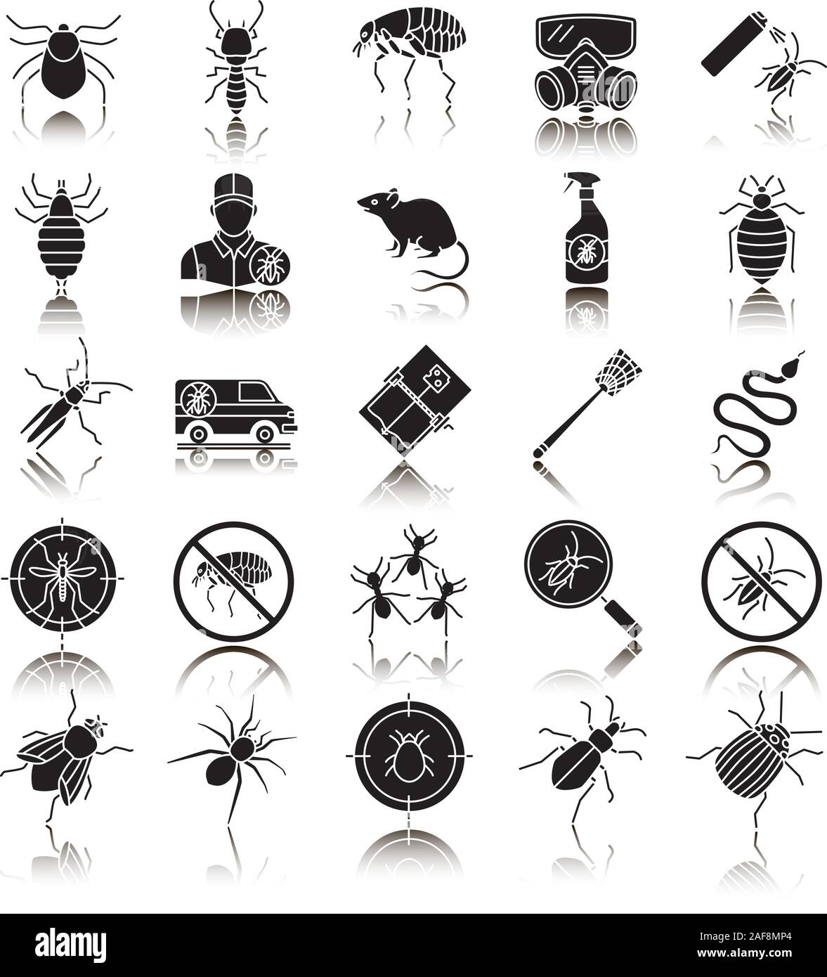 Control de plagas pictograma negro sombra conjunto de iconos. El exterminio. Los animales y los insectos nocivos. Ilustraciones vectoriales aislado Ilustración del Vector