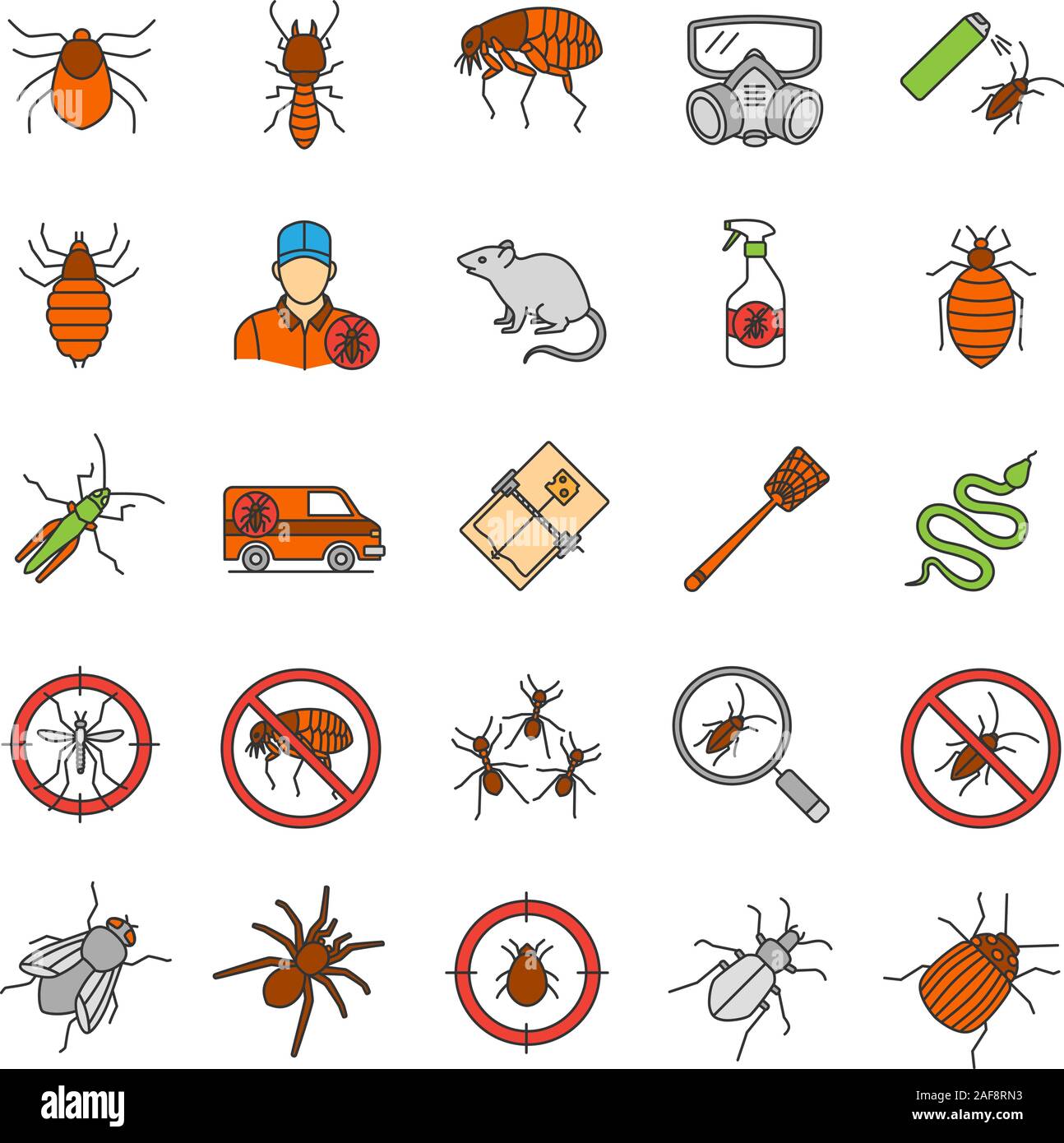 Iconos de color para el control de plagas. El exterminio. Los animales y los insectos nocivos. Ilustraciones vectoriales aislado Ilustración del Vector
