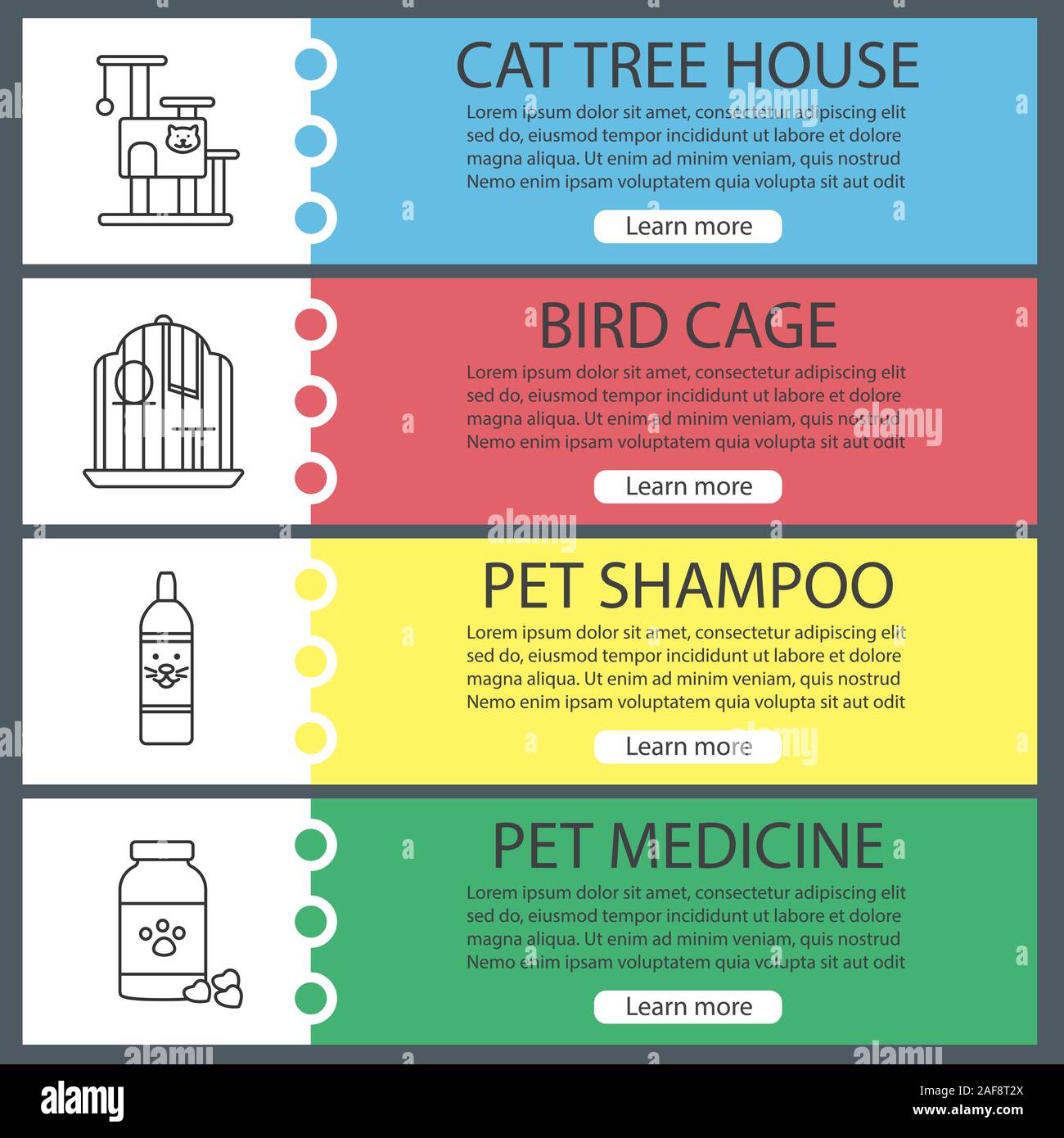 Mascotas suministros banner web plantillas configuradas. Cat Tree House,  bird cage, botella de champú, píldoras. Sitio web de color lineal elementos  de menú con iconos. Encabezados de vector d Imagen Vector de