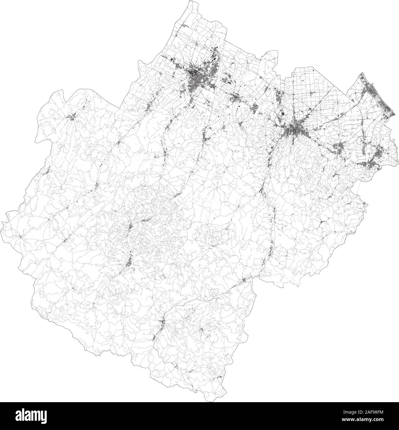 Mapa satelital de la provincia de Forli-Cesena ciudades y carreteras, edificios y carreteras de los alrededores. La región de Emilia-Romaña, Italia. Mapa de carretera Ilustración del Vector