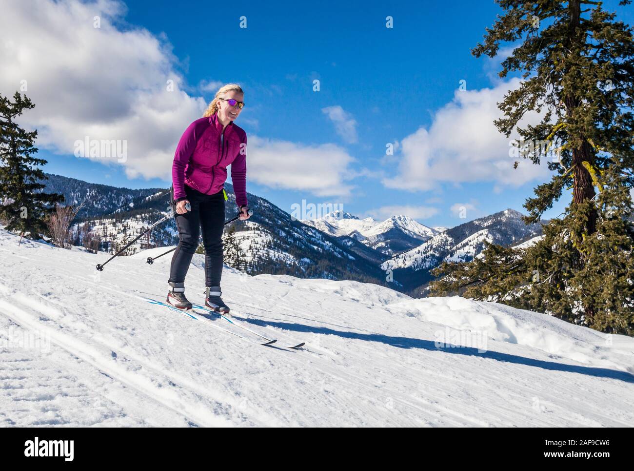 Una mujer esquí en los senderos cerca de Sun Mountain Lodge en el hotel Methow Valley, Estado de Washington, EE.UU.. Foto de stock