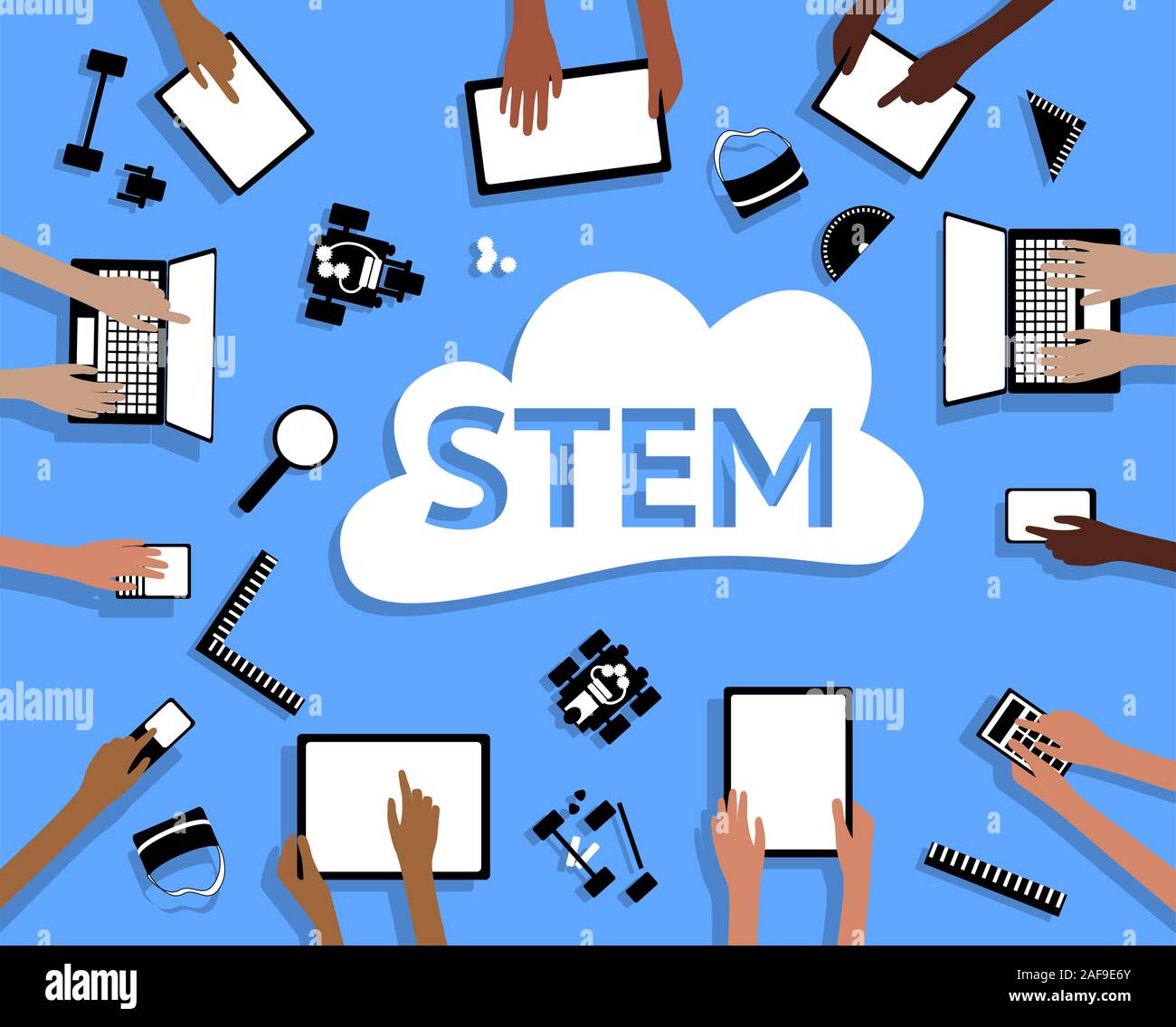 Tallo Ciencia Tecnológica Ingeniería Matemáticas tabletas Dispositivo Cloud Robots y manos agrupados y en capas Ilustración del Vector