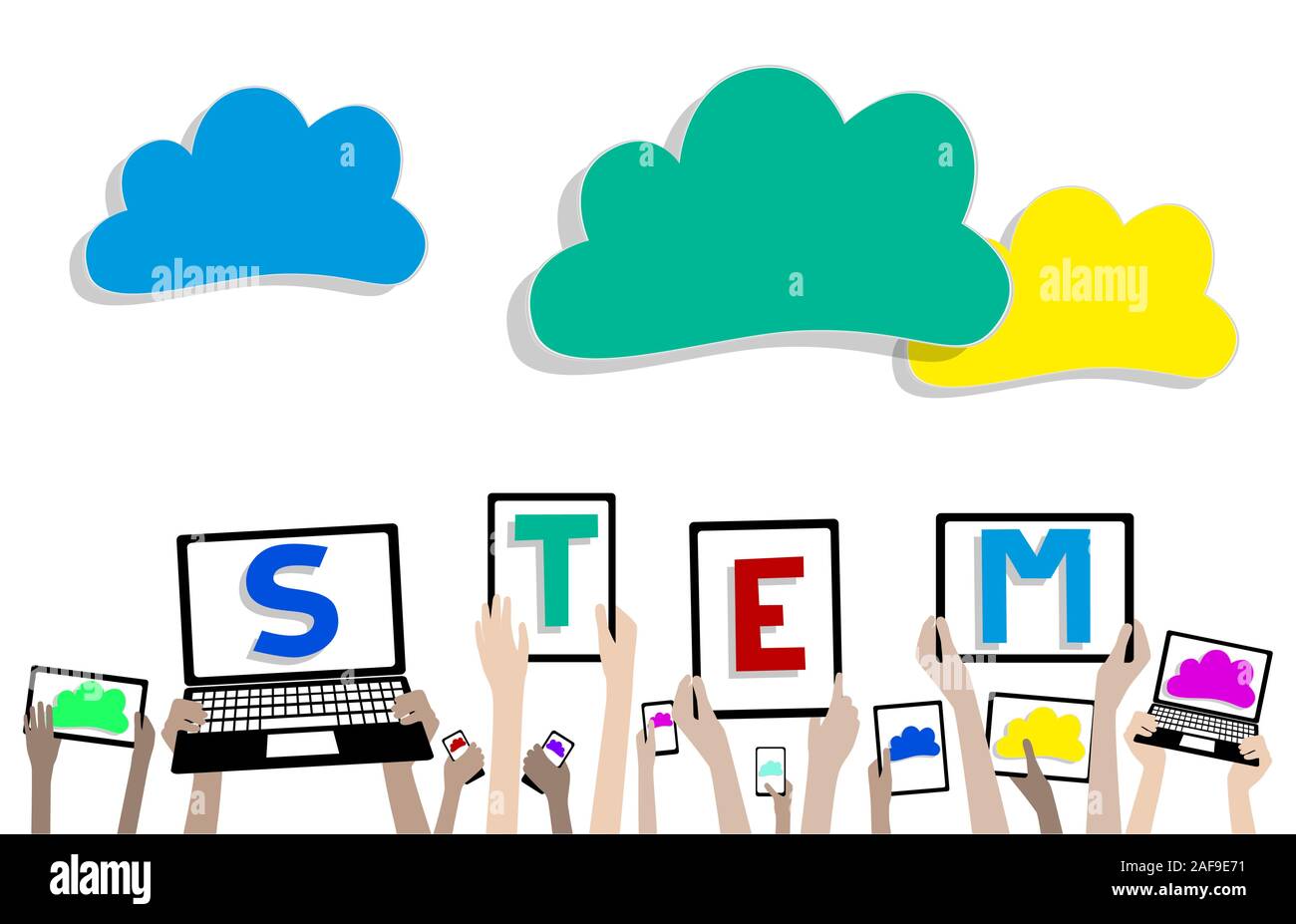 Tallo Ciencia Tecnológica Ingeniería Matemáticas tabletas Dispositivo Cloud y manos agrupados y en capas Ilustración del Vector