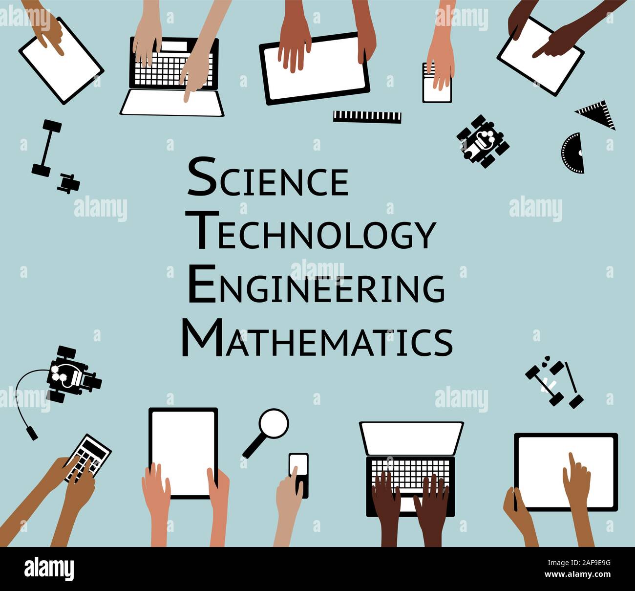 Tallo Ciencia Tecnológica Ingeniería Matemáticas tabletas Dispositivo Cloud y manos agrupados y en capas Ilustración del Vector