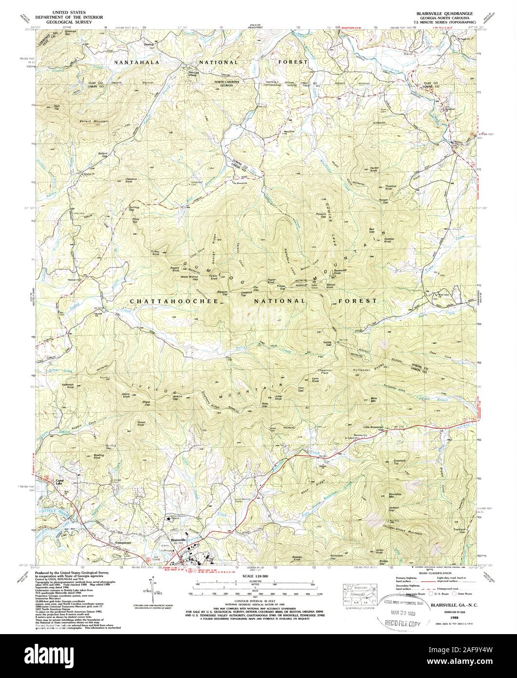 USGS Mapa TOPO North Carolina GA Blairsville 245067 1988 24000 Restauración Foto de stock