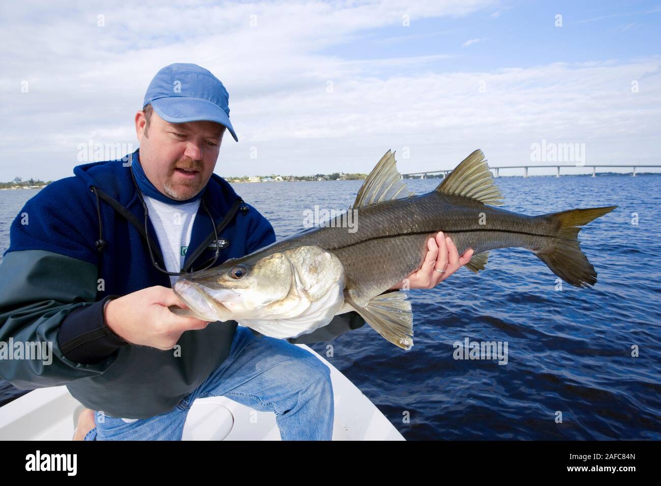 Hombre con robalo pescado capturado en Stuart, Florida, EE.UU. Modelo liberado. Foto de stock