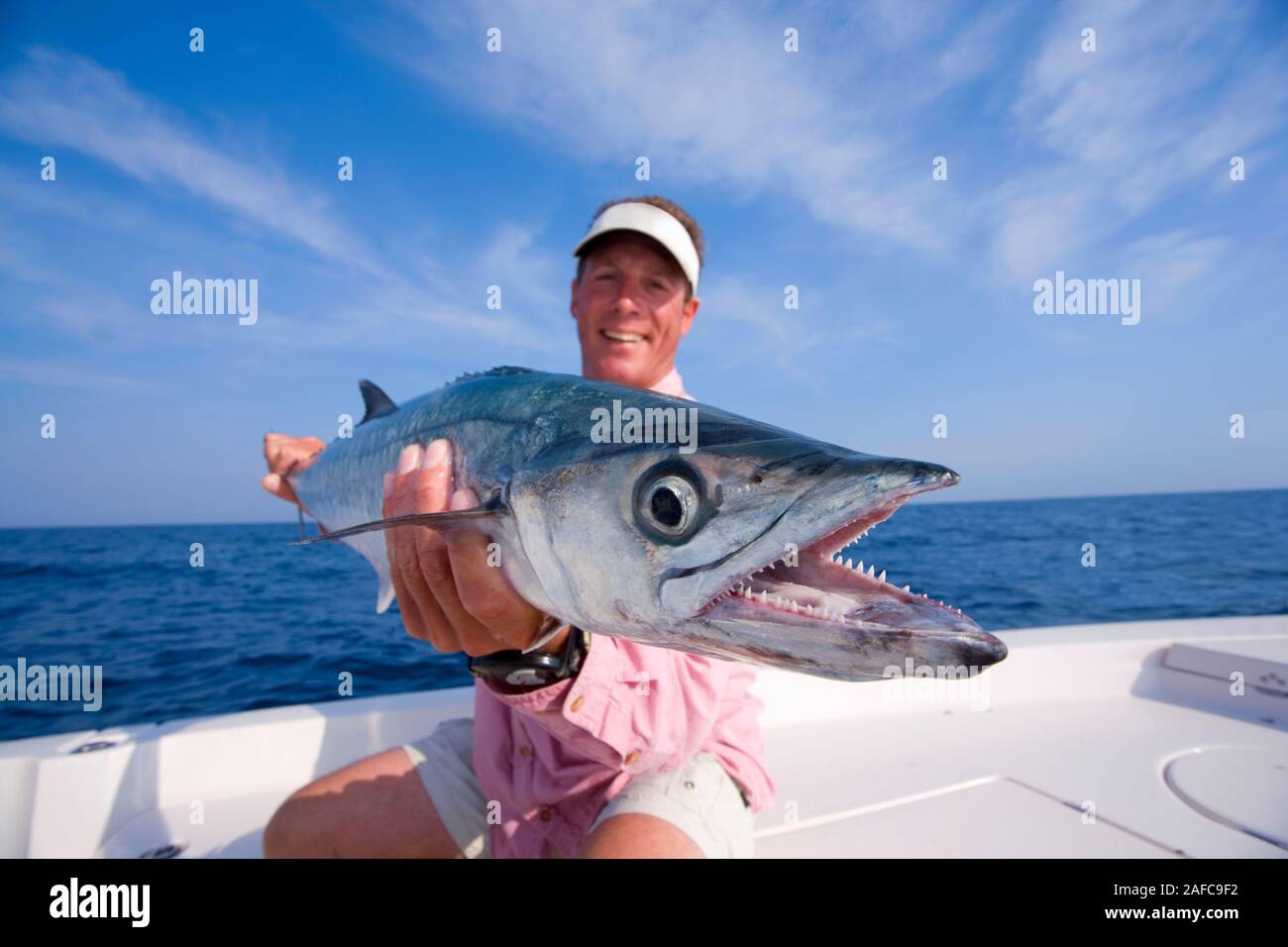 Hombre con barracuda pescado recién capturado en Florida, EE.UU. Foto de stock