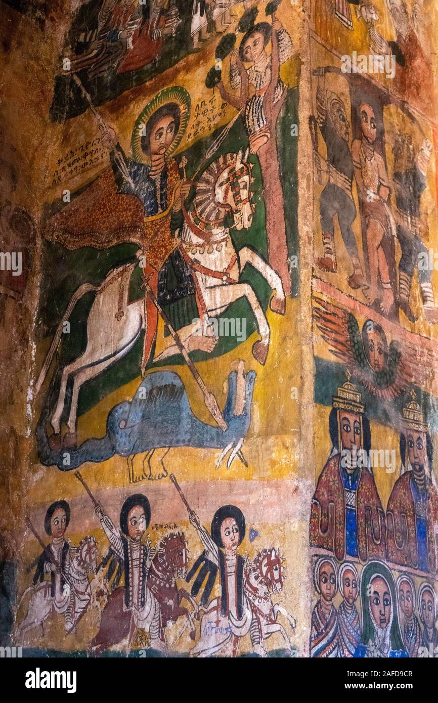 Etiopía, Tigray, Wukro, Abraha Atsbeha, C10th somos Iglesia, bien conservadas, 17th & mural del siglo xviii de San Jorge matando al dragón Foto de stock