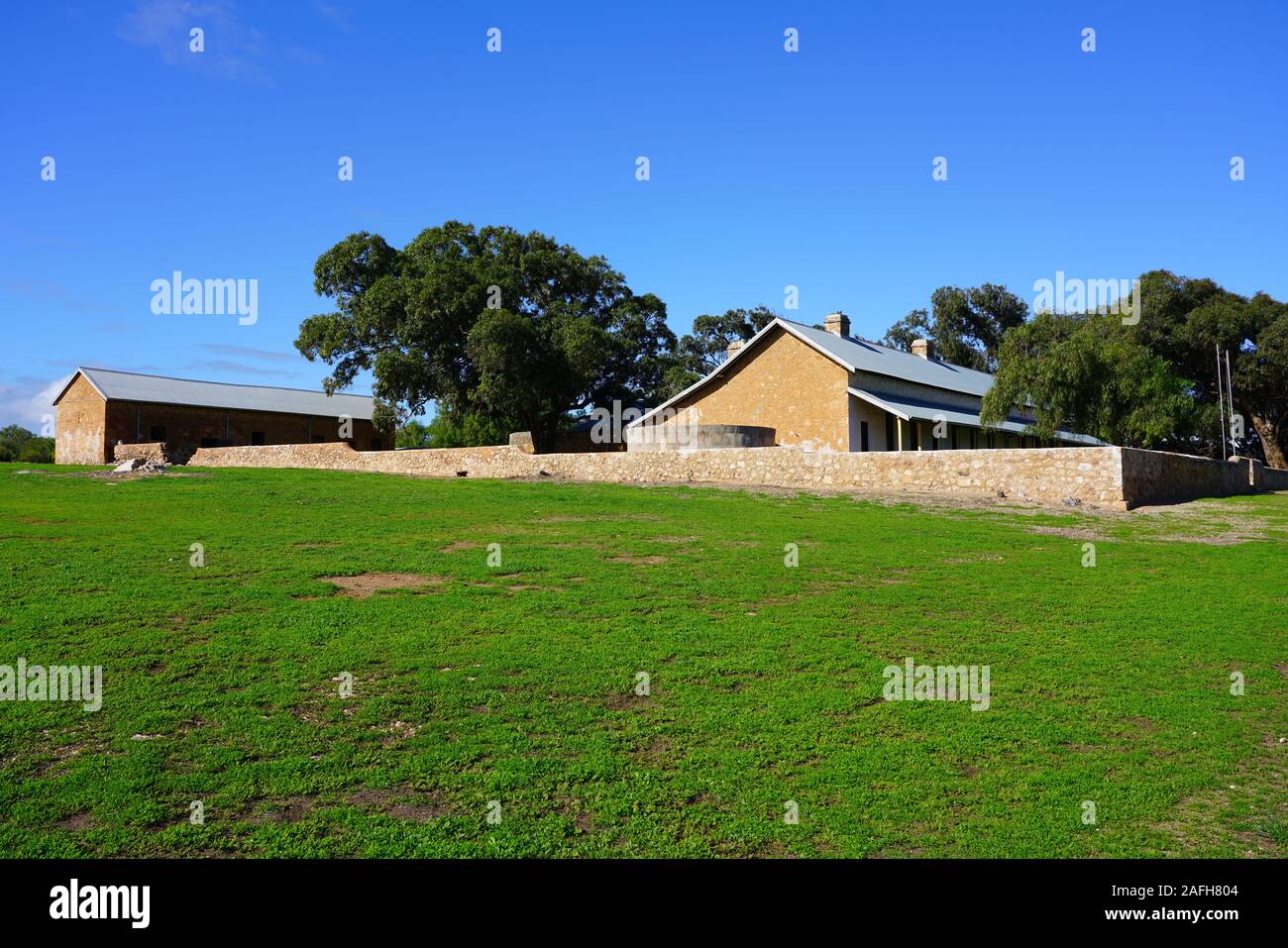 GREENOUGH, Australia 9 Jul 2019- Vista del asentamiento histórico Greenough Hamlet, un hito en la Costa del Coral en Australia Occidental. Foto de stock