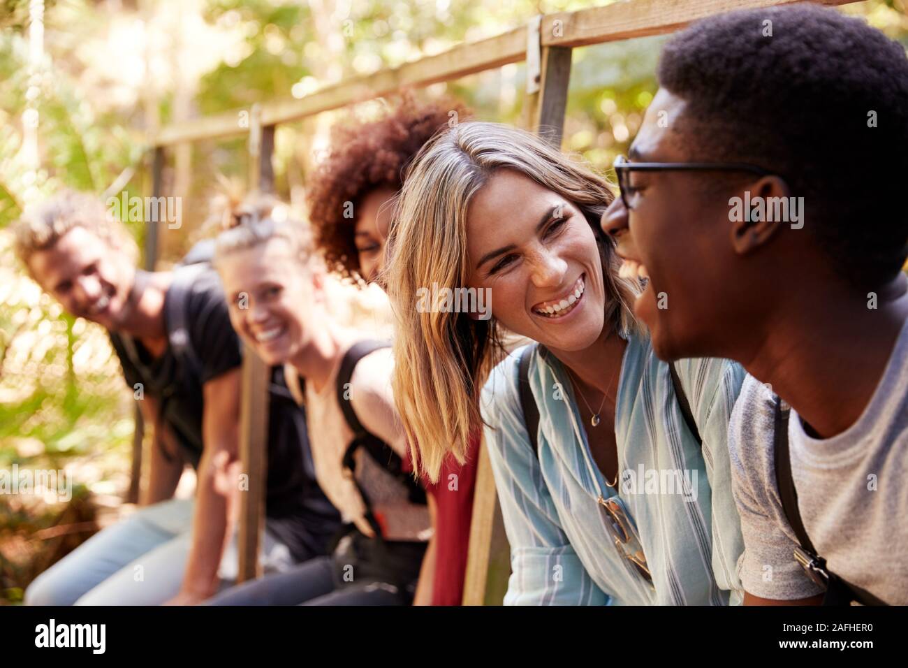 Cinco jóvenes amigos adultos en una caminata, sentados juntos hablando durante un descanso, cerrar Foto de stock