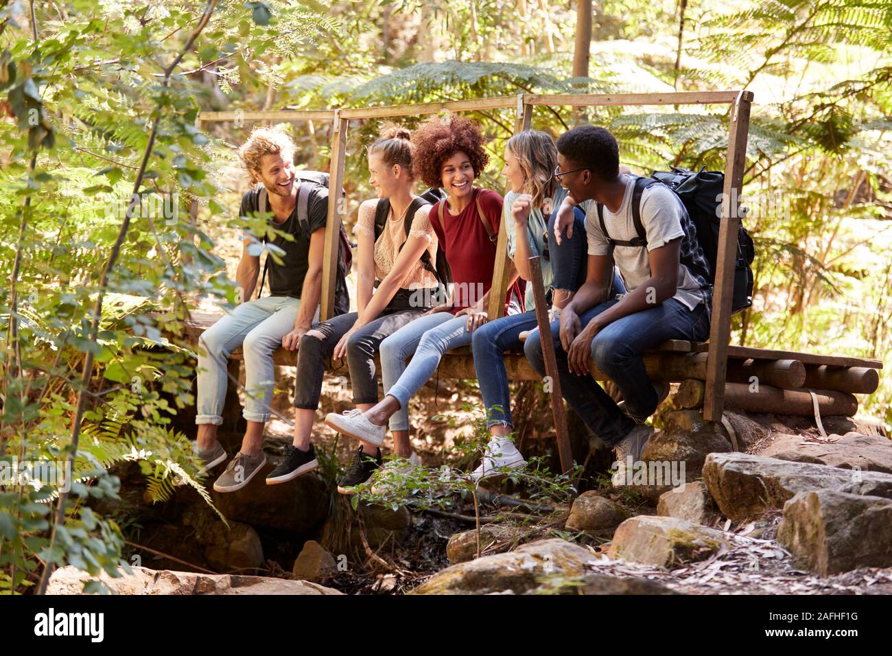 Cinco amigos milenario sentado sobre un puente en un bosque hablando durante una caminata, longitud completa Foto de stock