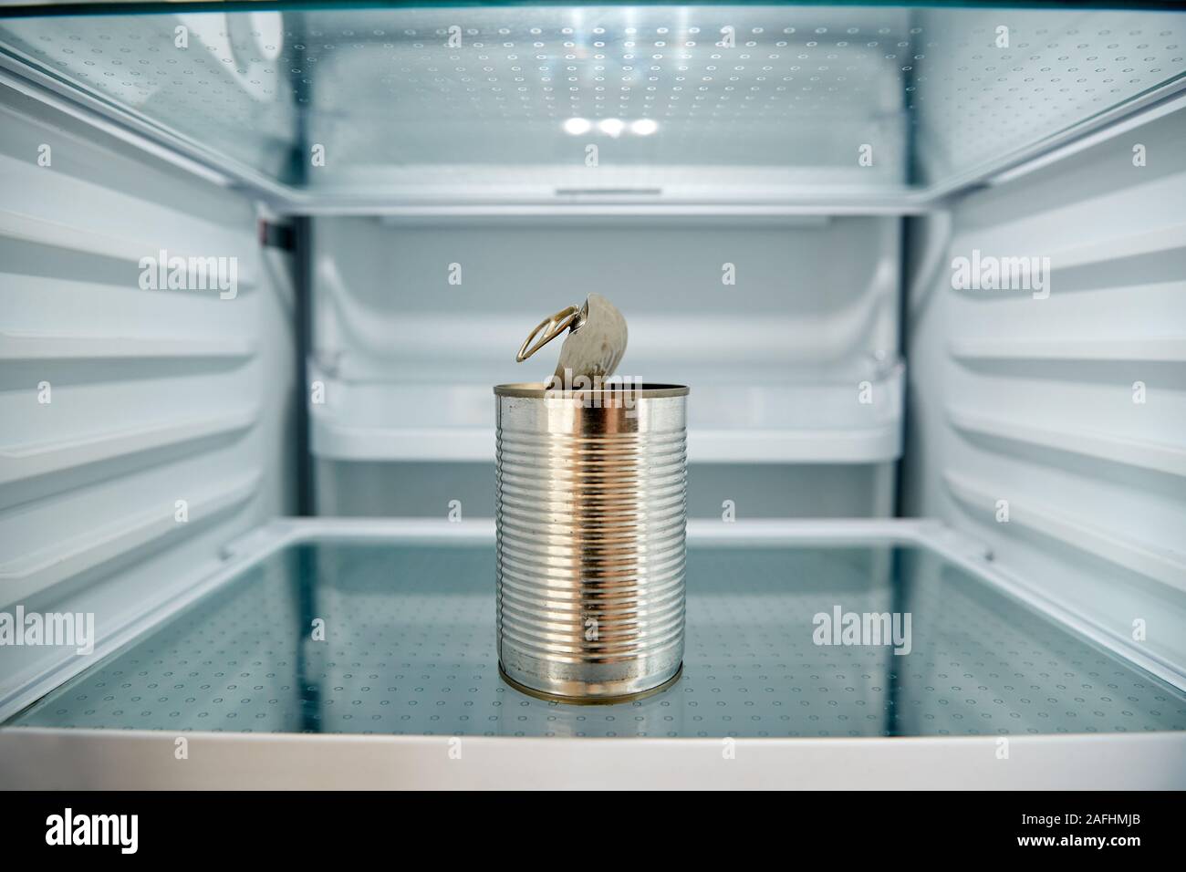Vista mirando dentro del refrigerador vacío salvo para abrir la lata de estaño en la estantería Foto de stock