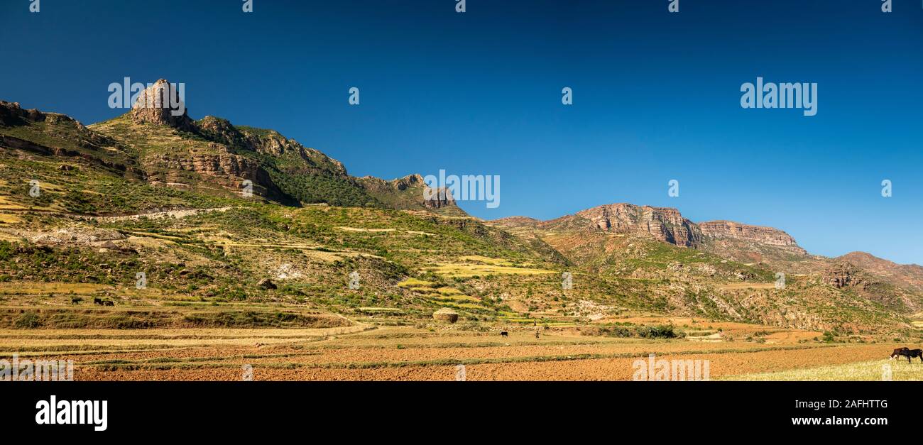 Etiopía, Tigray, Enda Madhanialam, Hiwane, campos agrícolas preparado para sembrar en el paisaje rocoso, panorámicas Foto de stock