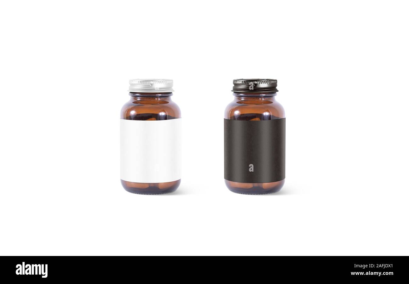 La píldora de vidrio ámbar en blanco puede con la etiqueta negra, blanca de mascup Foto de stock