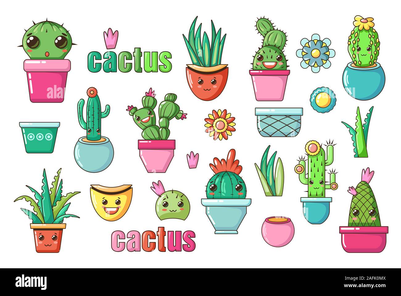 Cute kawaii encantadora casa plantas de cactus con flores de arte vectorial  Kawaii caras en potes. Aislada del estilo de dibujos animados. Conjunto de  iconos de vivero para la impresión de tarjetas