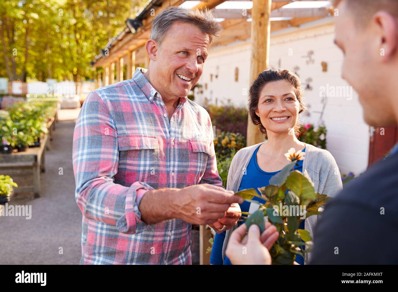 Pareja comprar plantas macho de ayudante de ventas en centro de jardinería Foto de stock