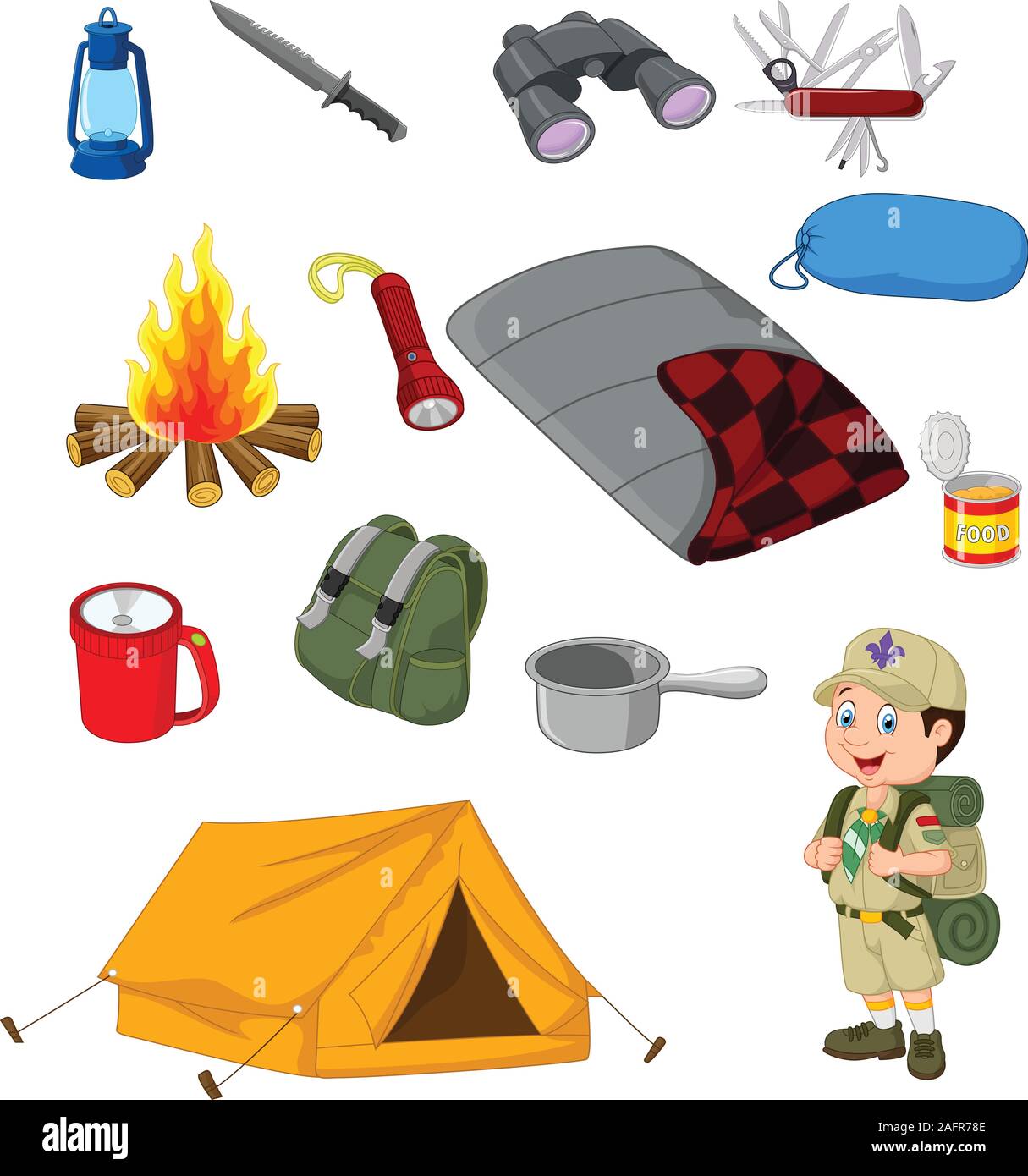 Trekking Camping campamento base de equipos y accesorios de Engranajes  exteriores Imagen Vector de stock - Alamy