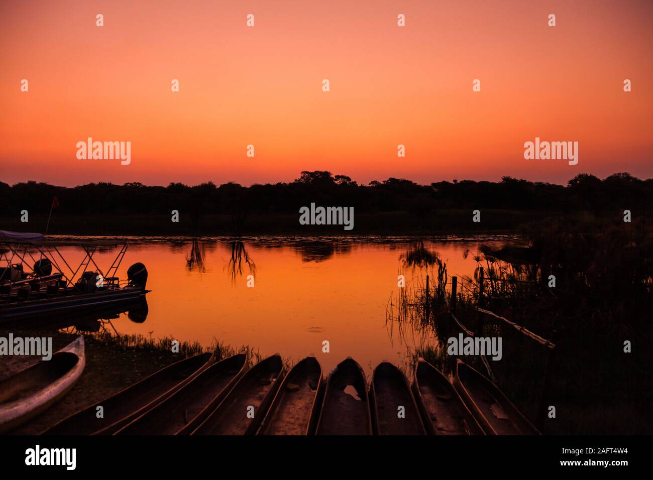 Noche del río Thamalakane, en el albergue del río Okavango, Maun, delta del Okavango, Botswana, África del Sur, África Foto de stock