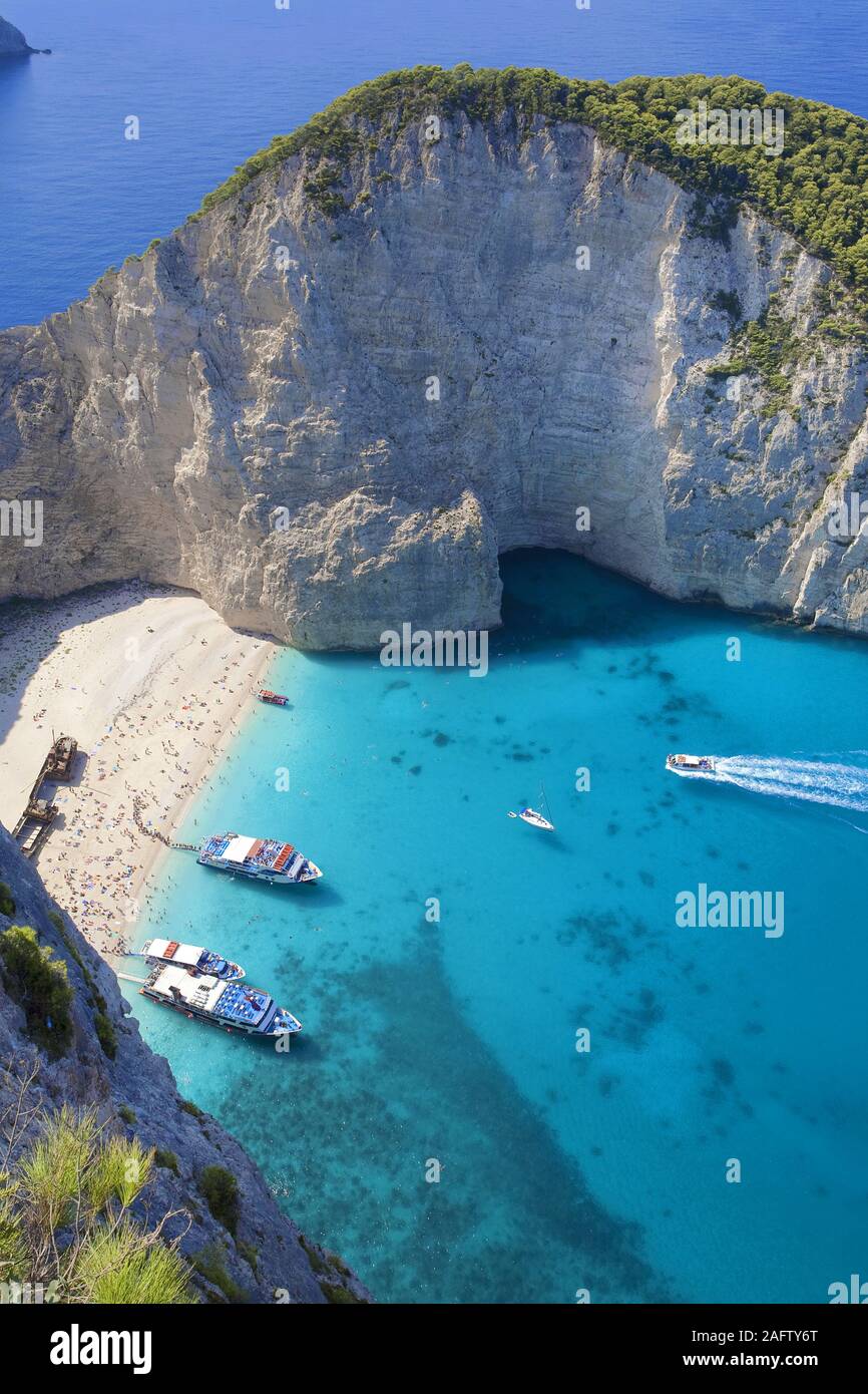 La Bahía de los naufragios, una de las playas más bellas de Grecia, la isla de Zakynthos, Grecia Foto de stock