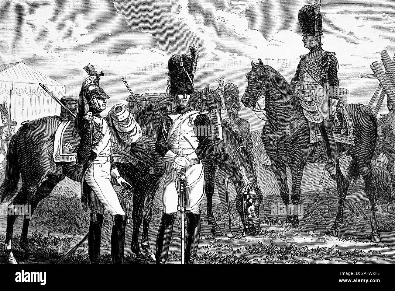 La Guardia Imperial (Napoleón I). Dragones franceses, Granaderos a Caballo guardias y gendarmes. Ilustración de antigüedades. 1890. Foto de stock