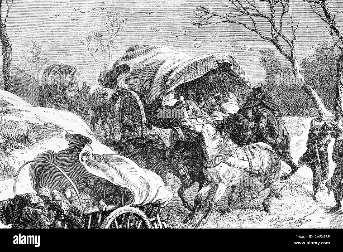 Soldados enfermos de tifus en Mainz. 1813. Las guerras napoleónicas. Ilustración de antigüedades. 1890. Foto de stock