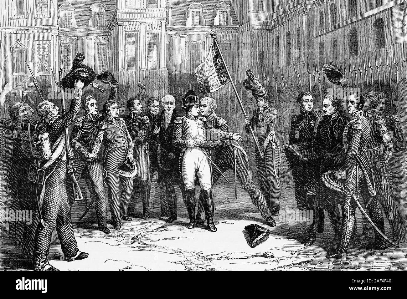 Despedida de napoleón a la guardia imperial en el patio del palacio de Fontainebleau. 1814. Ilustración de antigüedades. 1890. Foto de stock