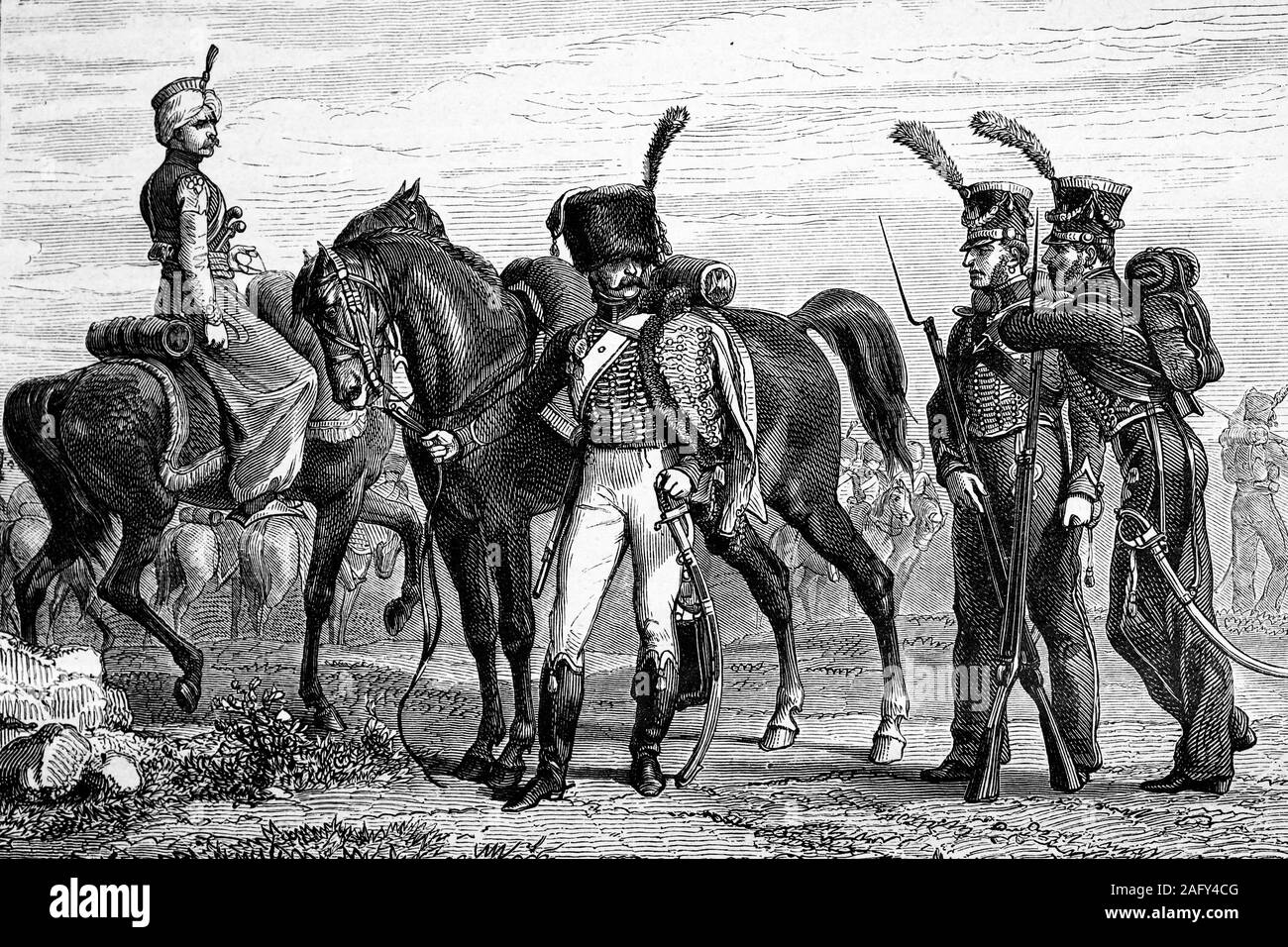 Guardia Imperial: mameluco, cazador de caballería y el cuerpo de infantería de marina. Las guerras napoleónicas. Ilustración de antigüedades. 1890. Foto de stock