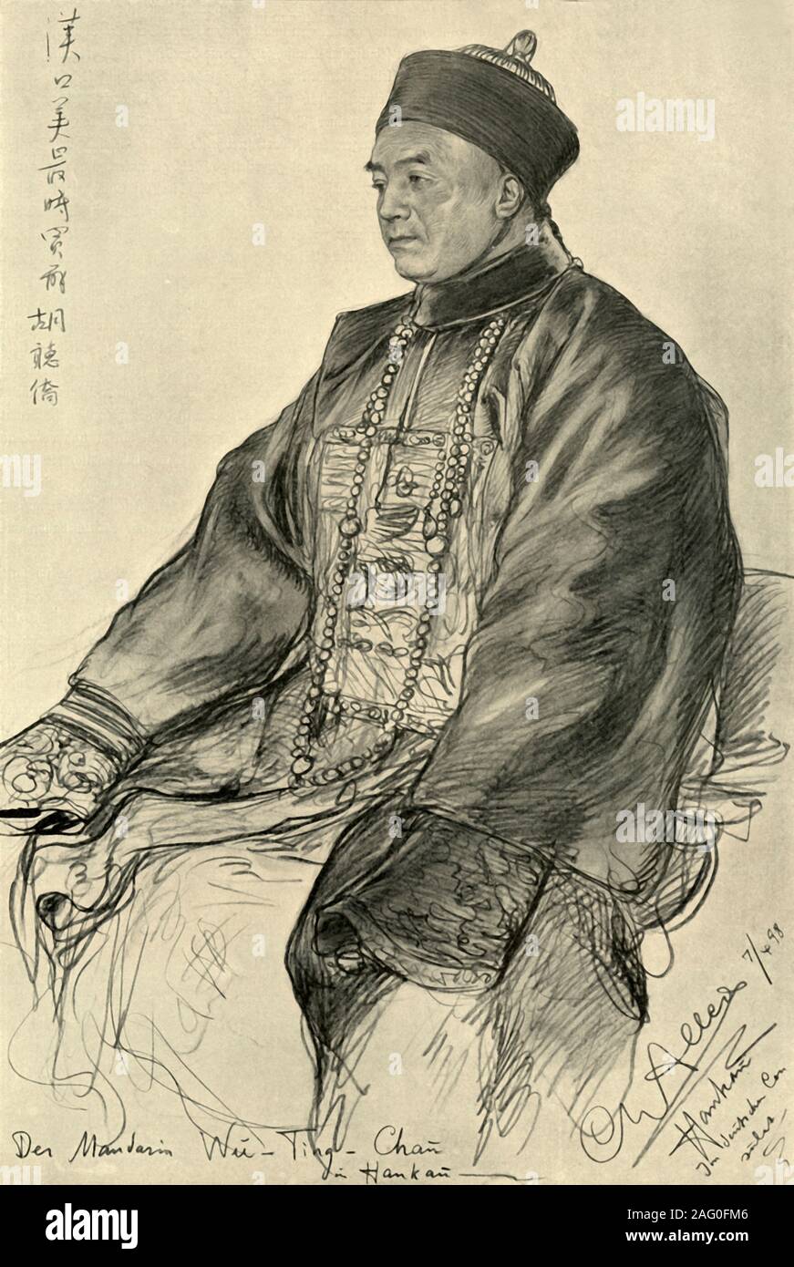 Wu-Ting-Chau, Mandarín en Hankow, 1898. Retrato de un hombre chino en batas de seda. 'Der Mandarín Wu-Ting-Chau en Hankow'. Desde "Rund um die Erde" la vuelta de e