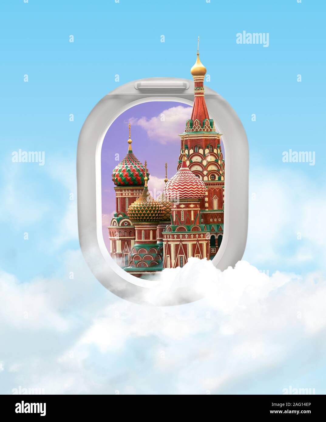 Concepto de viaje con la Catedral de San Basilio de Moscú. Vista de las ventanas de los aviones con las nubes. Los medios de comunicación mixtos. Foto de stock
