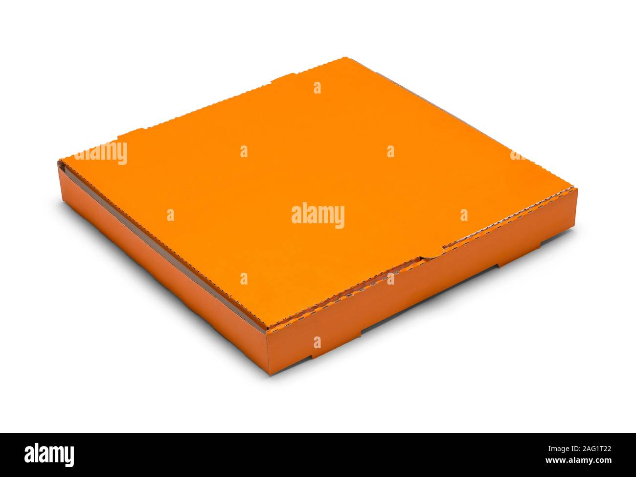 Naranja Pizza caja con copia espacio aislado sobre fondo blanco. Foto de stock