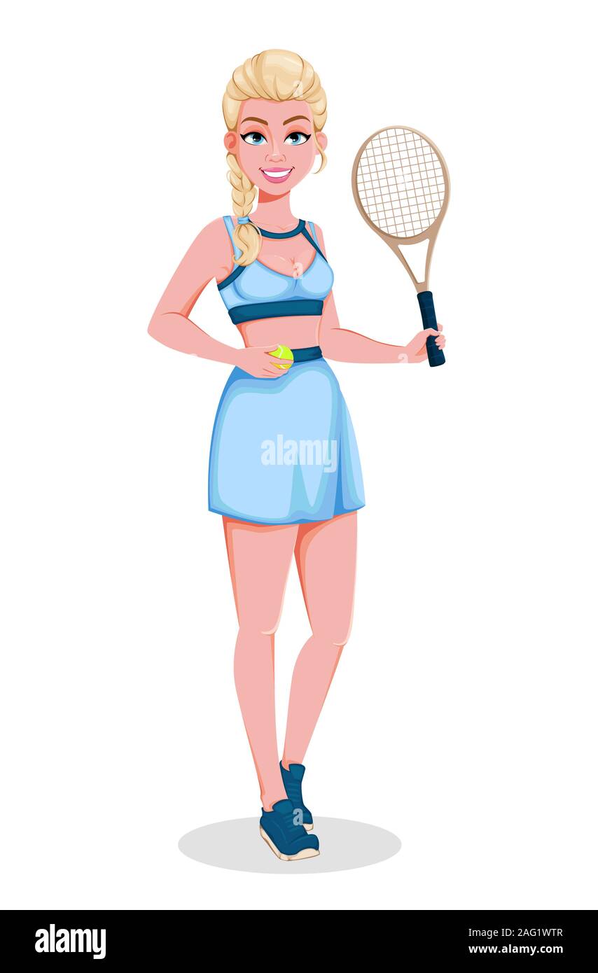Bella mujer jugador de tenis. Lindo rubia con una raqueta. Alegre personaje de dibujos animados. Ilustración vectorial sobre fondo blanco Imagen Vector de stock - Alamy Bella mujer jugador de tenis. Lindo rubia con una raqueta. Alegre personaje de dibujos animados. Ilustración vectorial sobre fondo blanco Imagen Vector de stock - Alamy