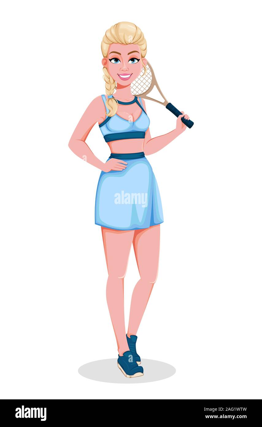 Bella mujer jugador de tenis en ropa deportiva. rubia con una raqueta. de dibujos animados. Ilustración vectorial sobre fondo blanco Imagen Vector de stock - Alamy