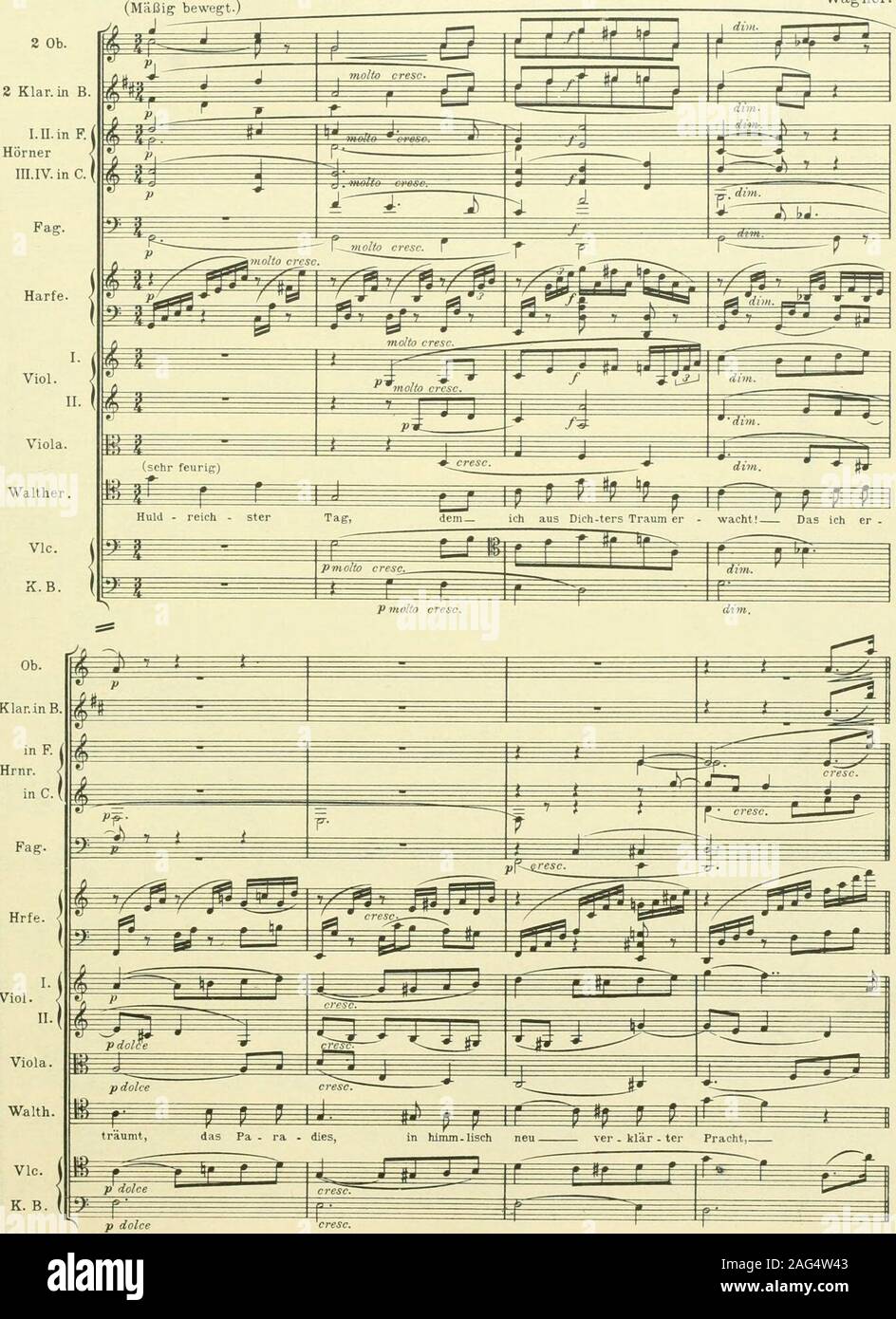 . Instrumentationslehre, von Hector Berlioz. Ergänzt und rev. von Richard Strauss. Edition Peters Welcher Vielseitigkeit Instrumentfähig ist ein einziges, mögen folgende eklatante Beispiele ausRieh. Wagners Werken beweisen-. Die Violoncelli,dieunisono mit den Violinen, in den Meistersingern 91 den edlen Schwung des feurigen Preisliedes inso intensiver Weise erhöhen (35)sindAusdruck Partiturbeispiel tiefster Zerknirschung im im Aktes Vorspiel desdritten Tannhäuser. (Partiturbeispiel 36). N9 35. Meistersinger, Akt IE. Wagner.. N9 :m. TaimhaustM Akt 111. (KiiiUMtung-.) Andante assai lento. Wagne Foto de stock