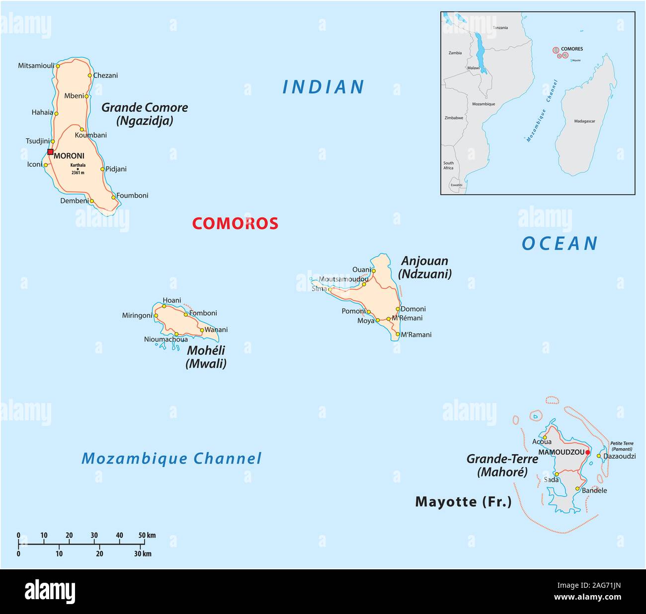 Mapa de la Unión de las Comoras y en Mayotte Imagen Vector de stock - Alamy