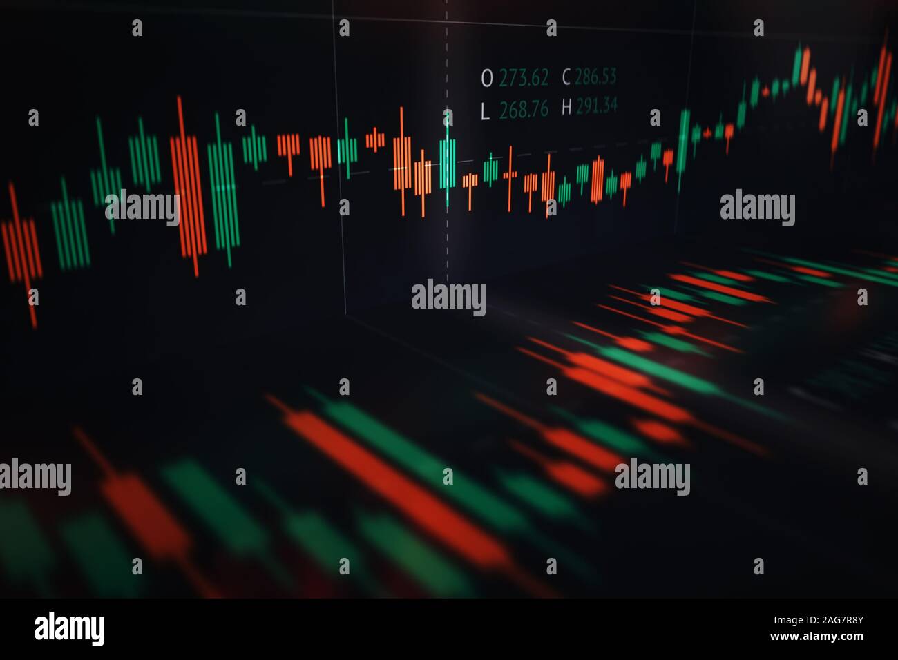 Gráfico candelabro financiero mostrando los datos del mercado con la apertura, el cierre, bajos y altos precios a lo largo del tiempo Foto de stock