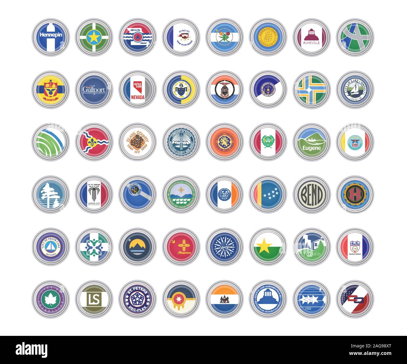 Conjunto de iconos vectoriales. Banderas de las ciudades de USA. Ilustración 3D. Ilustración del Vector