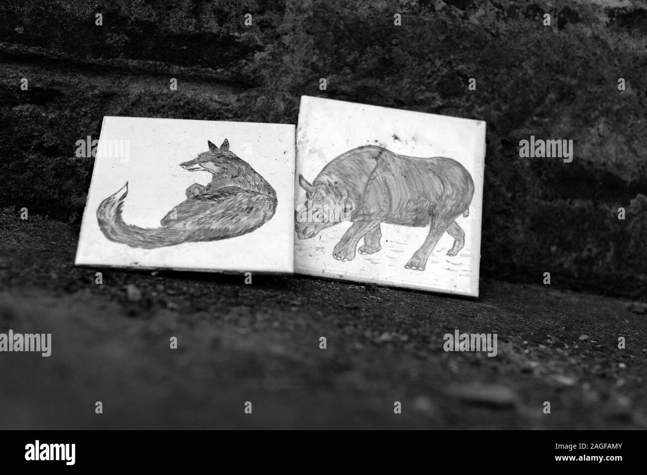 Azulejos pintados a mano de Fox y rinocerontes Foto de stock