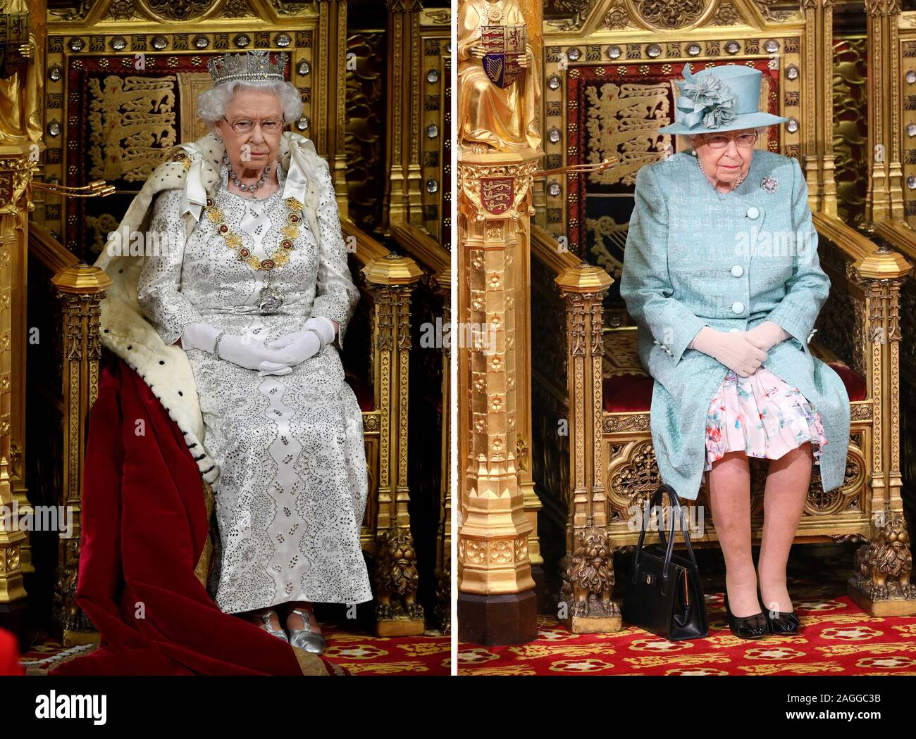 Una composición de imágenes de fecha 14/10/19 (a la izquierda) y el 19/12/19 (derecha) de la Reina Isabel II durante el 2019 dos aberturas del Estado del Parlamento en la Cámara de los Lores en el Palacio de Westminster en Londres. Foto de stock