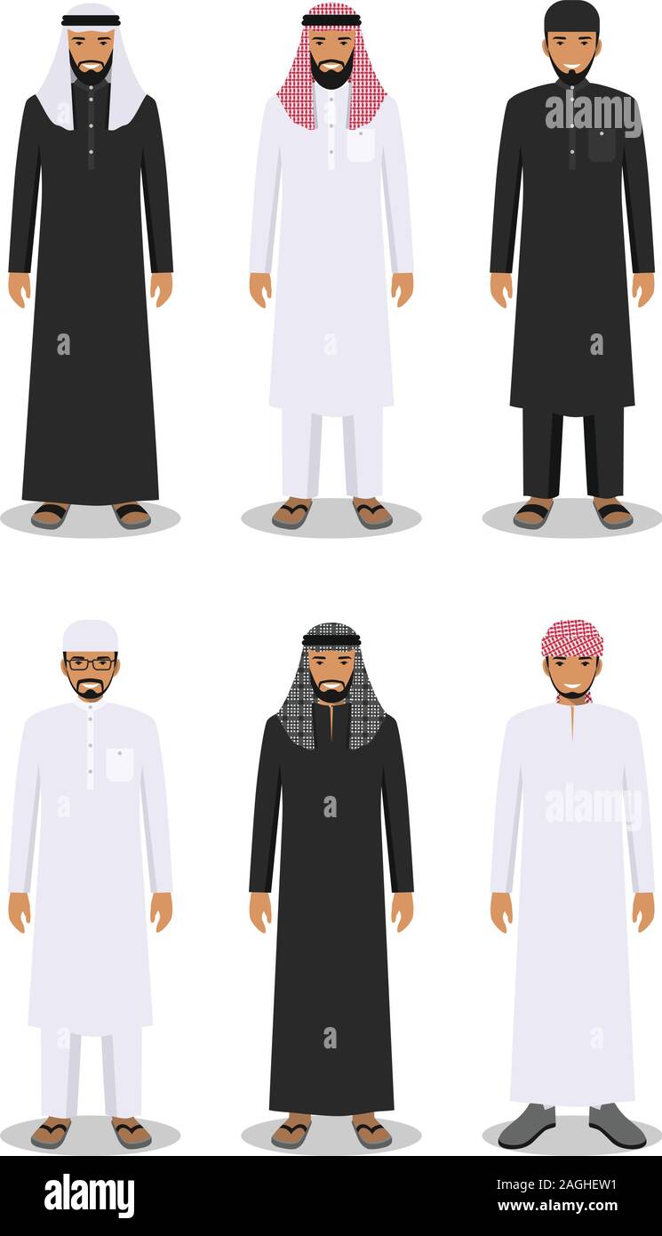 Conjunto de diferentes hombres árabes permanente en la ropa tradicional  árabe musulmán aislado sobre fondo blanco en estilo plano. Árabe musulmana  tradicional Imagen Vector de stock - Alamy