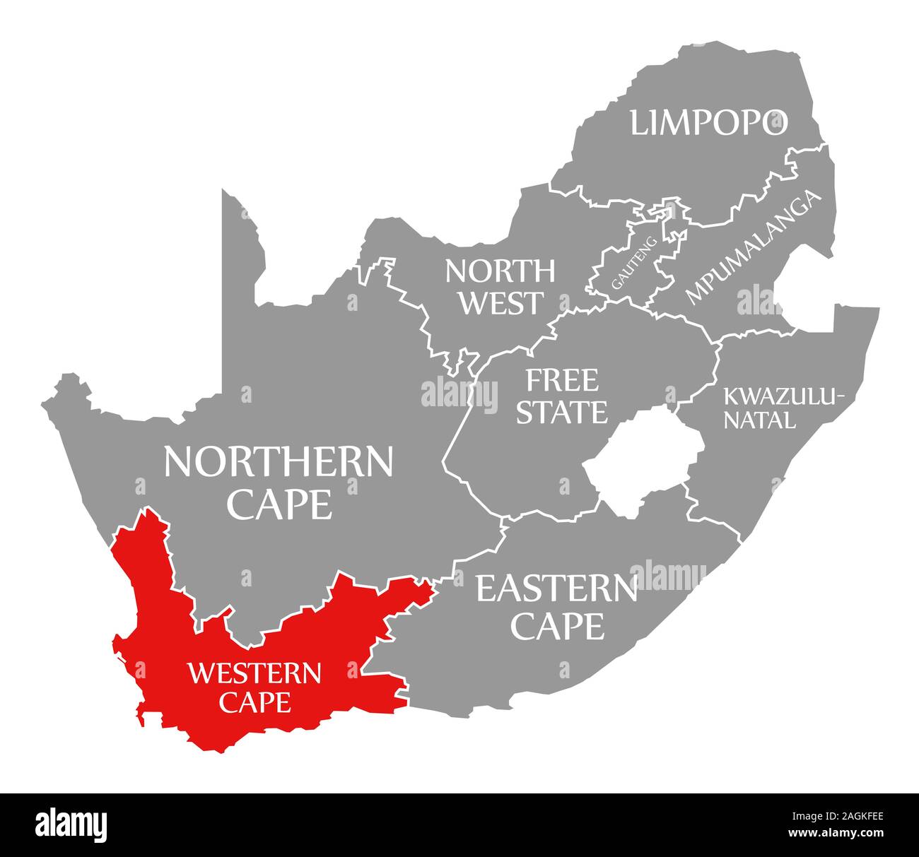 Western Cape resaltada en rojo en el mapa de Sudáfrica Foto de stock