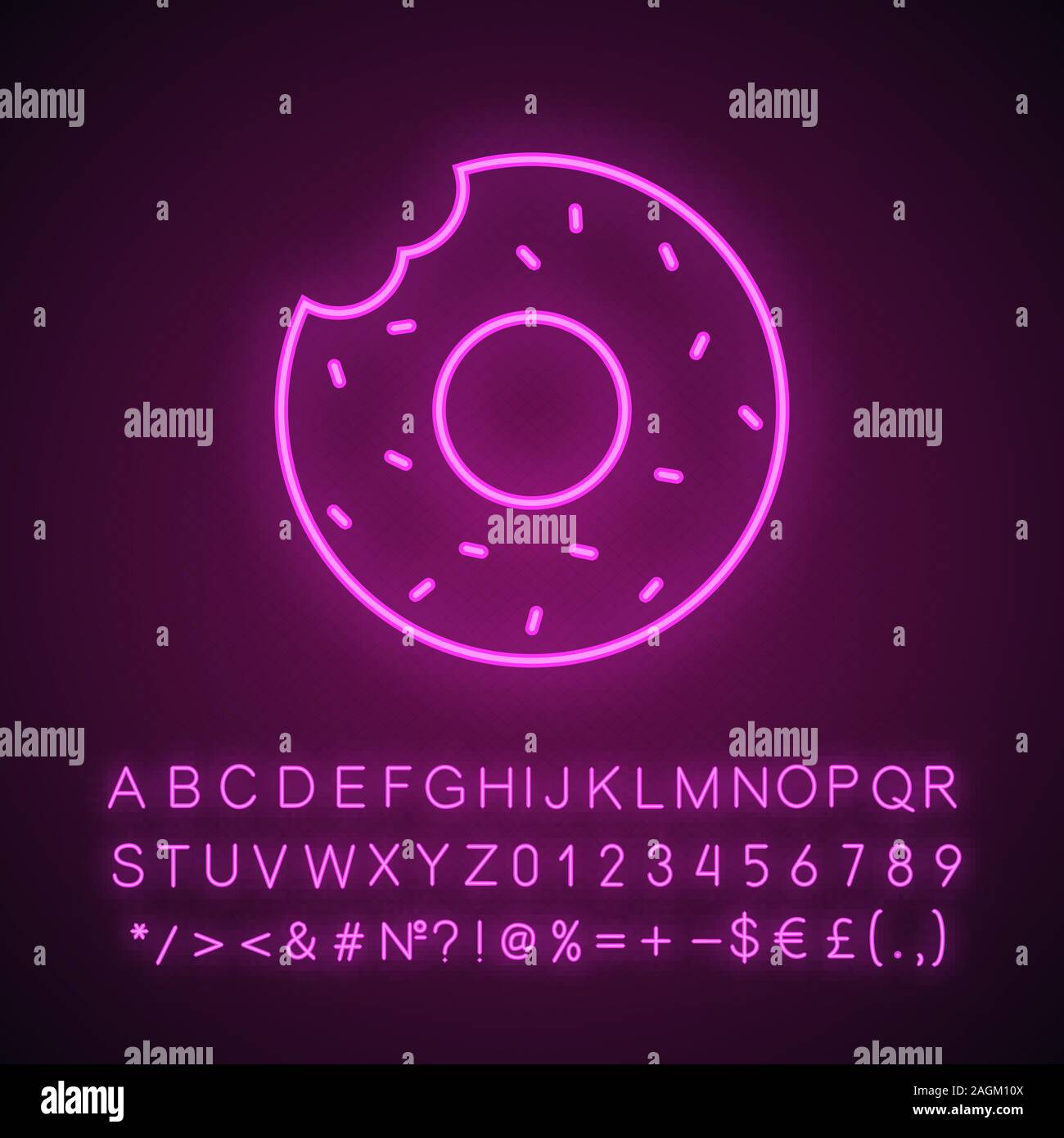 Icono de luz de neón donut mordido. Bagel. Signo resplandeciente con el alfabeto, números y símbolos. Vector ilustración aislada Ilustración del Vector