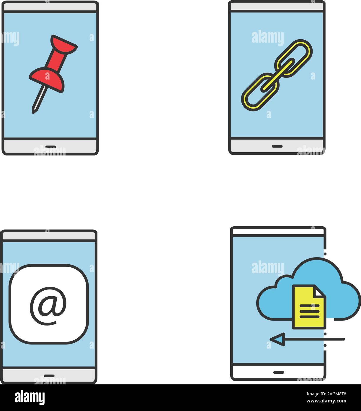 Iconos de color del smartphone. Adjuntar archivo, LINK, correo electrónico,  almacenamiento en nube. Ilustraciones vectoriales aislado Imagen Vector de  stock - Alamy