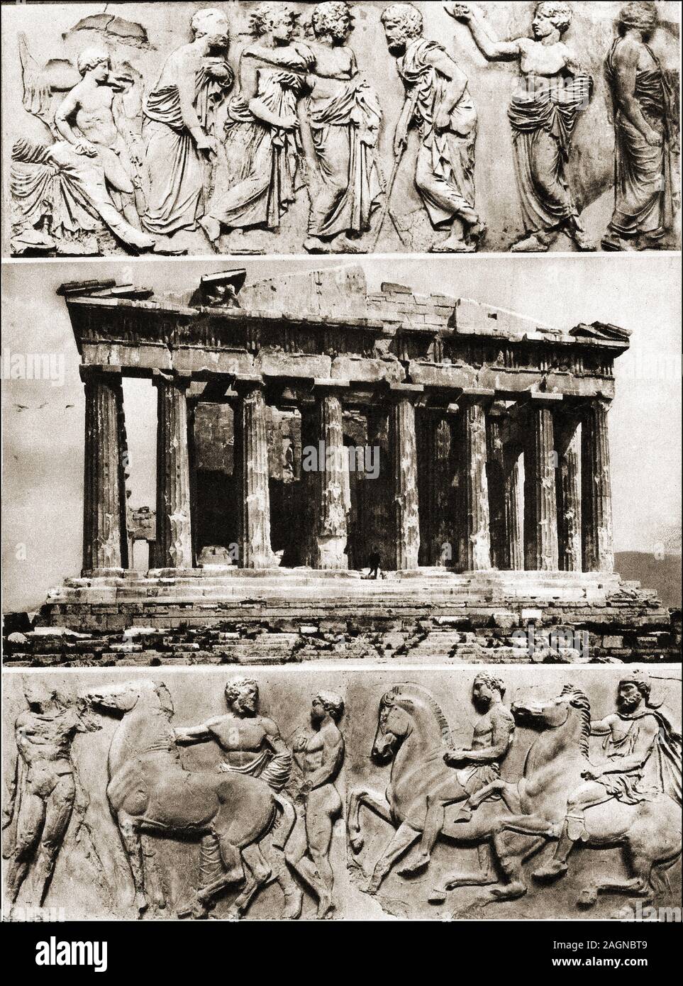 Una fotografía de finales del siglo XIX el Partenón, Atenas, y parte de sus frisos en su estado puro. Los frisos se celebran ahora en Gran Bretaña en la "colección de los Mármoles de Elgin. Foto de stock