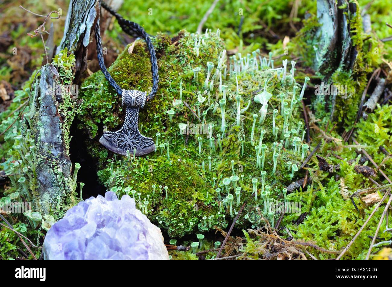 Un martillo de Thor amuleto de plata sobre un tocón cubiertas de musgo Foto de stock