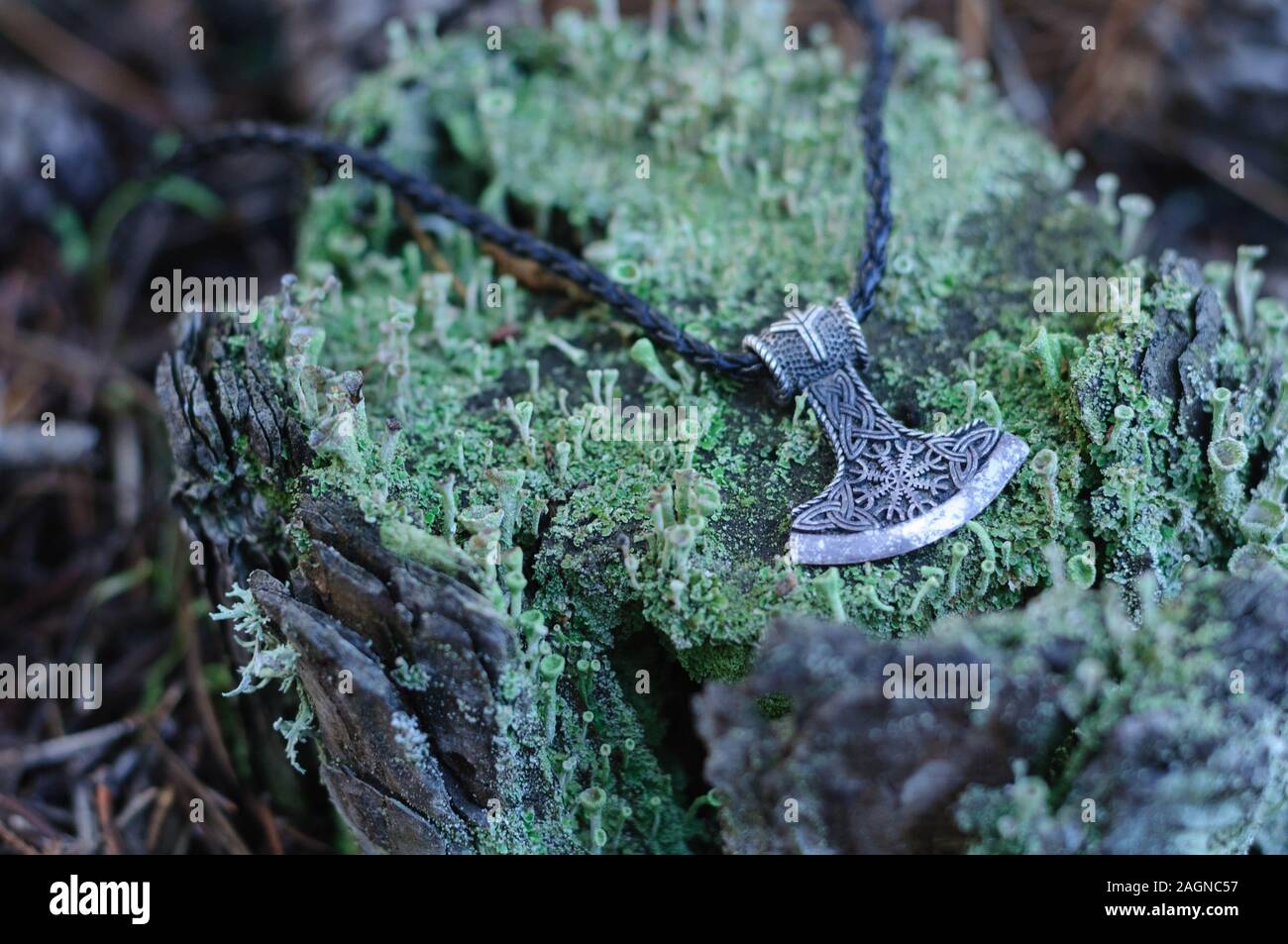 Un martillo de Thor amuleto de plata sobre un tocón cubiertas de musgo Foto de stock