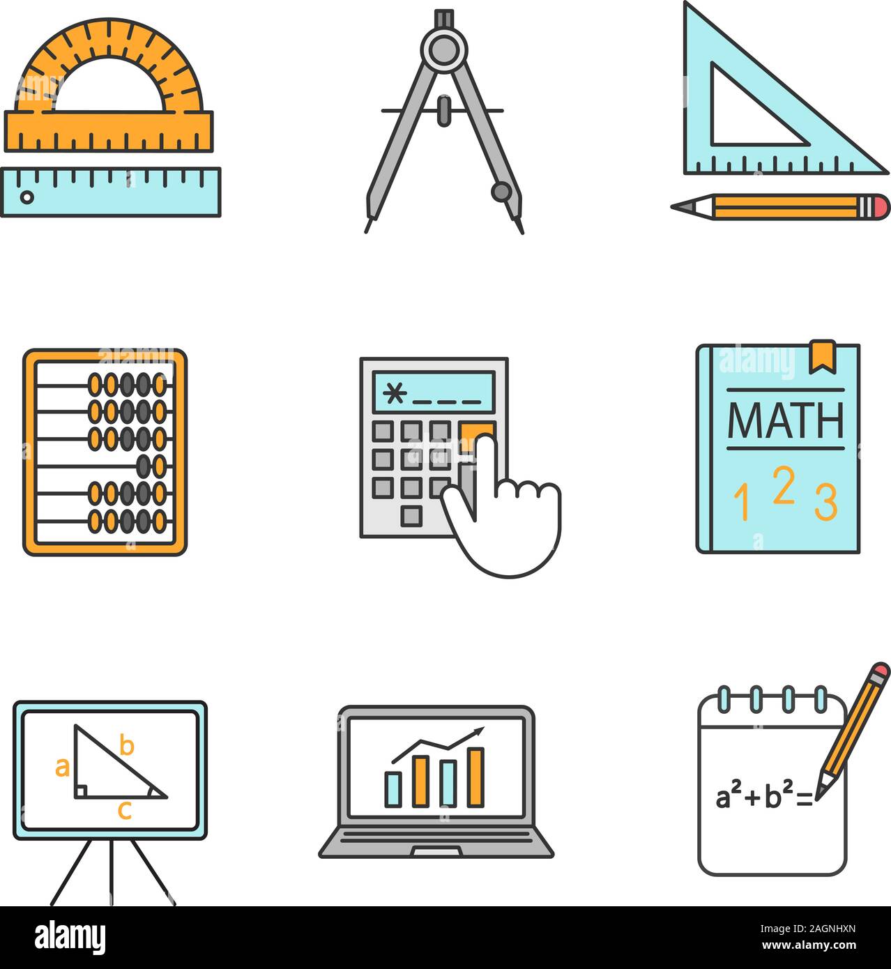 Iconos de color de las matemáticas. Álgebra y geometría. Herramientas de  redacción, el libro de texto, Abacus, calculadora. Ilustraciones  vectoriales aislado Imagen Vector de stock - Alamy