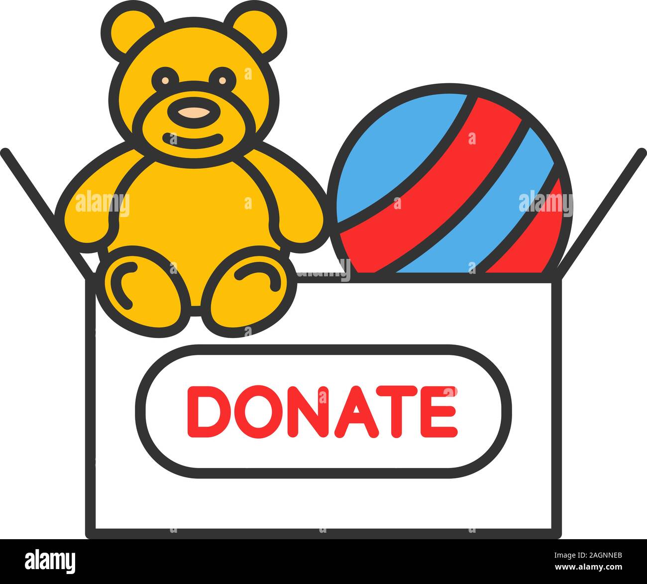 Donar juguetes icono en color. Caridad para los niños. Caja de donación con  osito de peluche y la bola. Ilustración vectorial aislado Imagen Vector de  stock - Alamy